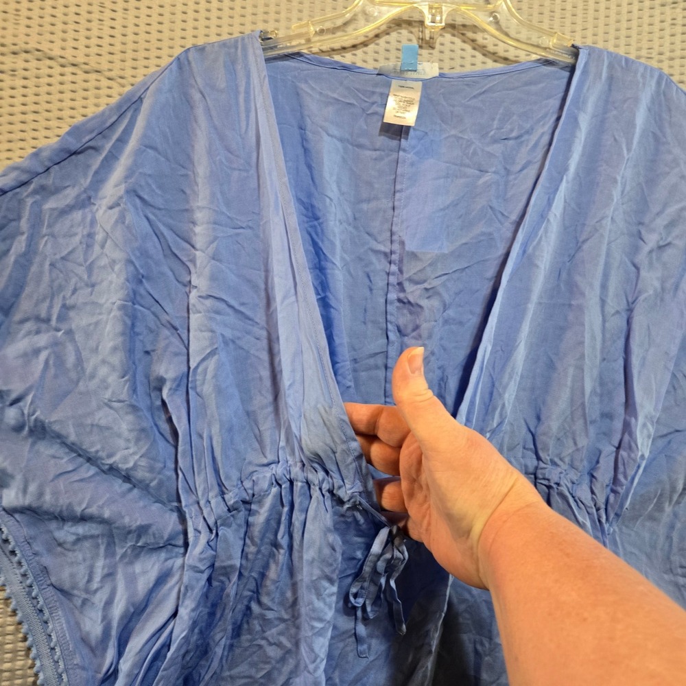 Draper James Blue Kaftan Swim Cover Up V-Neck Drawstring Waist Pom Pom Trim L - Picture 8 of 11